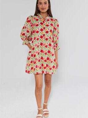 Floral Puff-Sleeve Mini Dress in Red & Pink